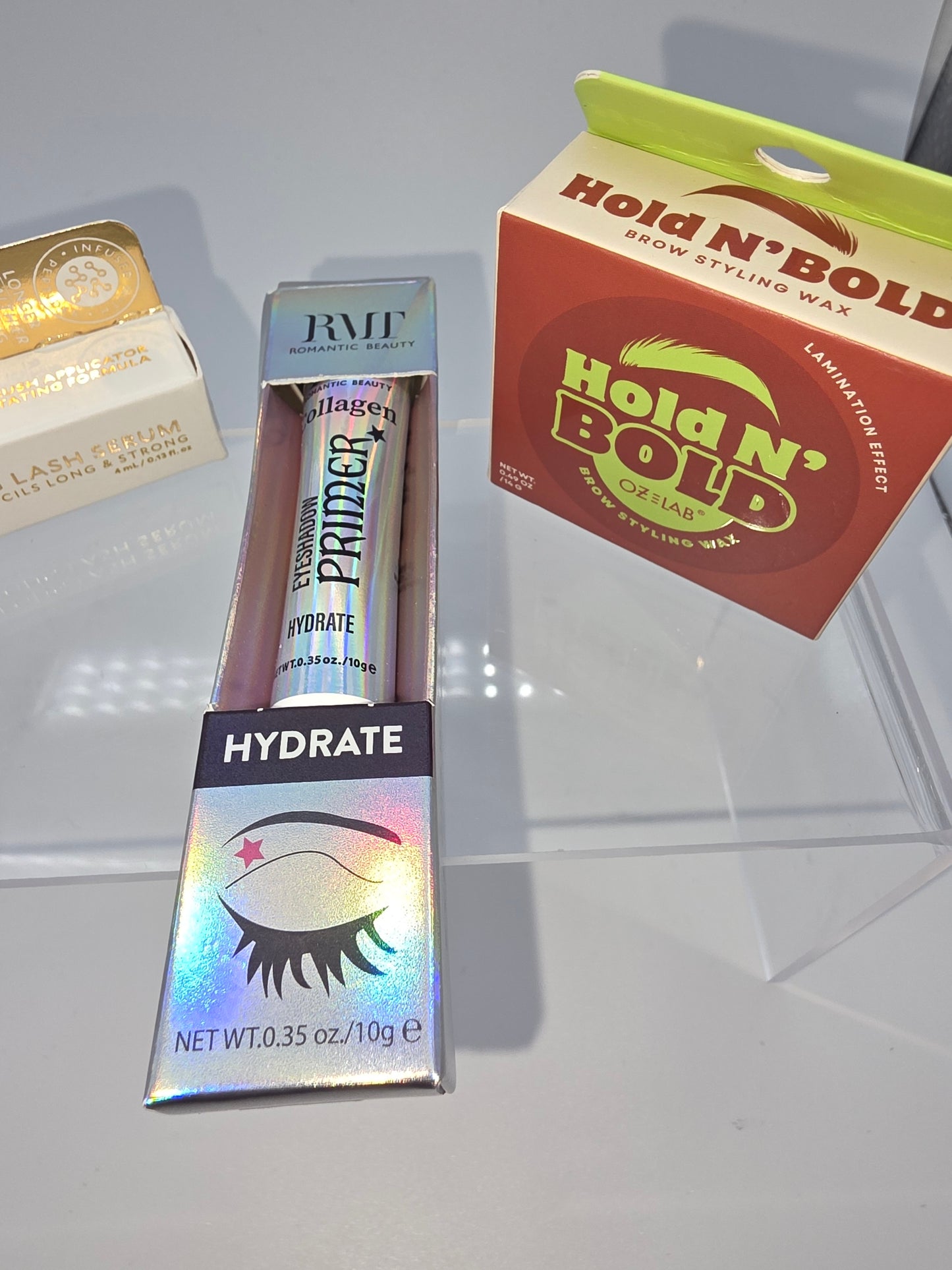 Velour Long & Strong Lash Serum + Romantic Beauty Collagen Eyeshadow Primer + OZéLab Hold N’ Bold Brow Styling Wax (Bundle of 3)