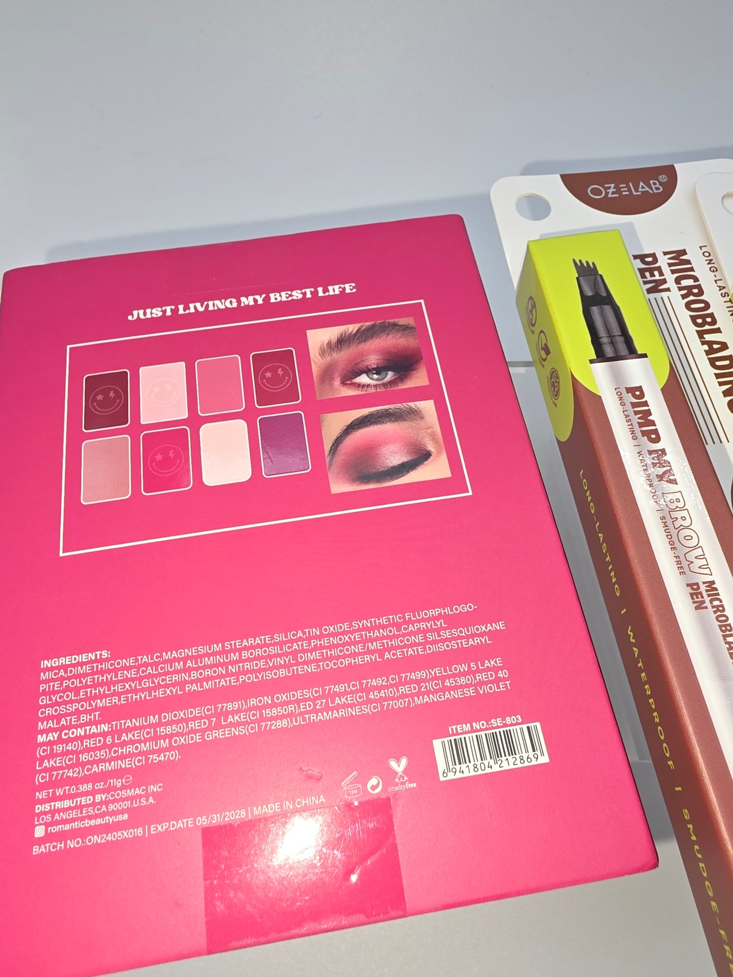 Just Living My Best Life Palette, OZELab Pimp My Brow Microblading Pens (Medium & Dark Brown), and Chantecaille Brightening Eye Kaja