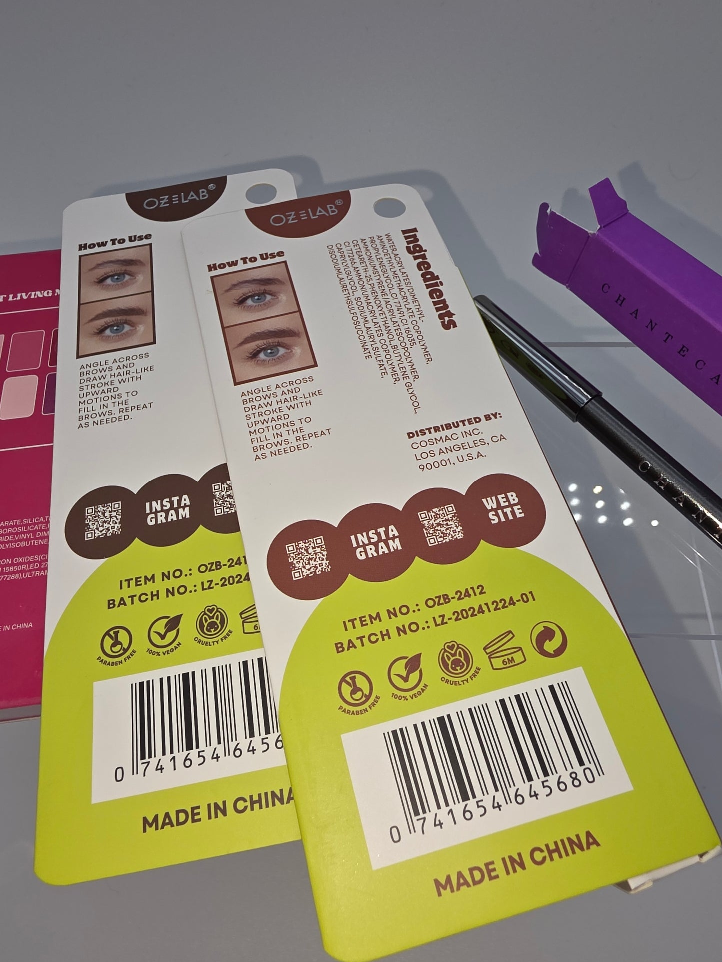 Just Living My Best Life Palette, OZELab Pimp My Brow Microblading Pens (Medium & Dark Brown), and Chantecaille Brightening Eye Kaja